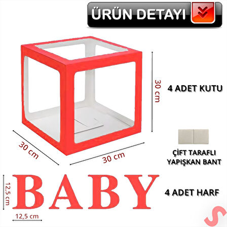 Baby Yazılı Şeffaf Balon Kutusu, 30cm x 4 Adetli Set - Kırmızı