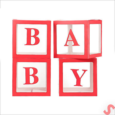 Baby Yazılı Şeffaf Balon Kutusu, 30cm x 4 Adetli Set - Kırmızı