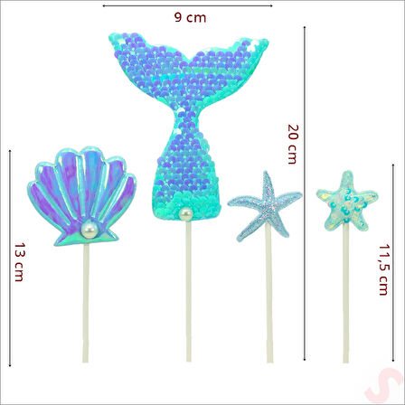 Deniz Kızı Pul Payetli Pasta SüSü, 4'lü SET - Mavi