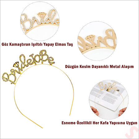 Kristal Parlak Taşlı, Metal Bride To Be Taç - Altın