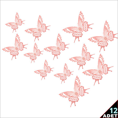 3 Boyutlu Kelebek, Karton Sticker 12 Adet - Pembe