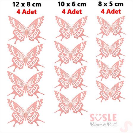 3 Boyutlu Kelebek, Karton Sticker 12 Adet - Pembe