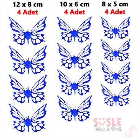 3 Boyutlu Kelebek, Karton Sticker 12 Adet - Metalik Lacivert