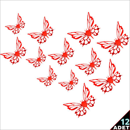 3 Boyutlu Kelebek, Karton Sticker 12 Adet - Metalik Kırmızı