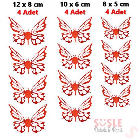 3 Boyutlu Kelebek, Karton Sticker 12 Adet - Metalik Kırmızı