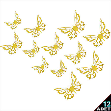 3 Boyutlu Kelebek, Karton Sticker 12 Adet - Metalik Altın