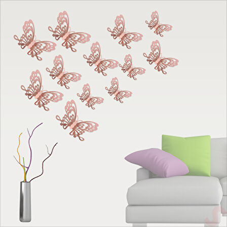 3 Boyutlu Kelebek, Karton Sticker 12 Adet - Metalik Rose Gold