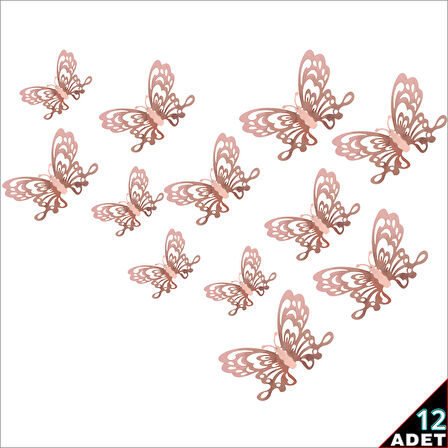 3 Boyutlu Kelebek, Karton Sticker 12 Adet - Metalik Rose Gold