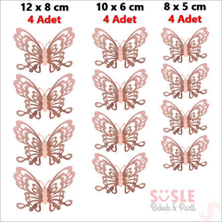 3 Boyutlu Kelebek, Karton Sticker 12 Adet - Metalik Rose Gold