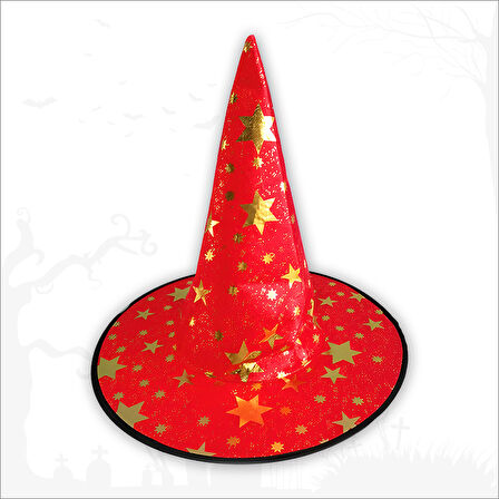 Yıldız Desenli Hallloween Cadı Şapkası, 38cm - Kırmızı