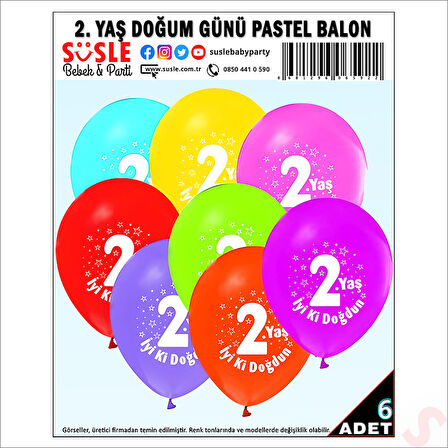 2.Yaş Doğum Günü Pastel Balon, 30cm x 6 Adet