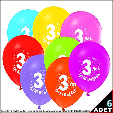  3.Yaş Doğum Günü Pastel Balon, 30cm x 6 Adet