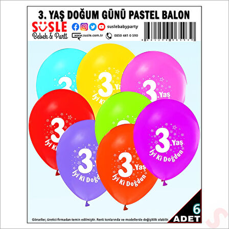  3.Yaş Doğum Günü Pastel Balon, 30cm x 6 Adet