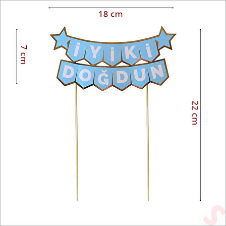 İyi Ki Doğdun Banner Pasta SüSü, Mavi Altın - 22cm x 18cm