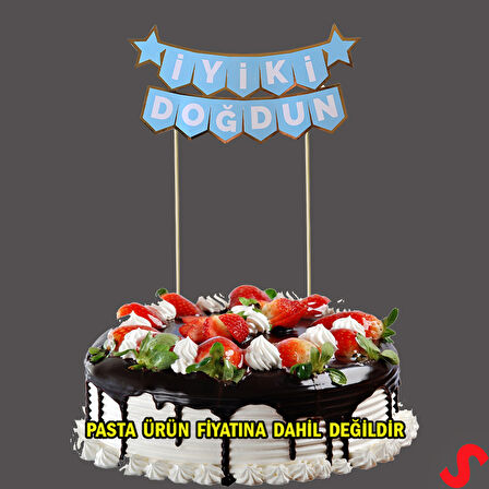 İyi Ki Doğdun Banner Pasta SüSü, Mavi Altın - 22cm x 18cm