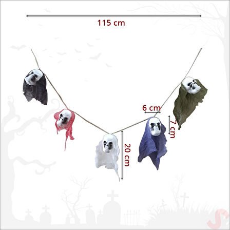 Halloween İpe Dizili 5'li Kuru Kafa Dekor Seti, 115 cm