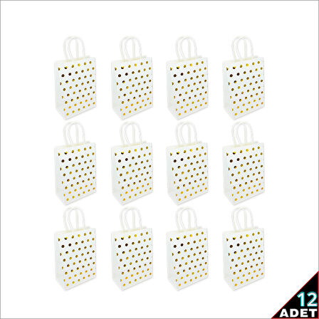 Altın Puanlı Beyaz Karton Çanta, 21 x 15 x 8 cm - 12 Adet