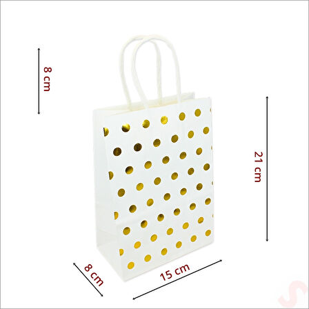 Altın Puanlı Beyaz Karton Çanta, 21 x 15 x 8 cm - 12 Adet