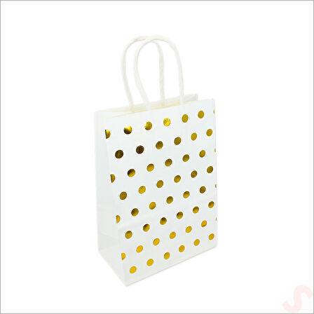 Altın Puanlı Beyaz Karton Çanta, 21 x 15 x 8 cm - 12 Adet