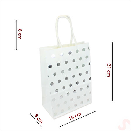 Gümüş Puanlı Beyaz Karton Çanta, 21 x 15 x 8 cm - 12 Adet