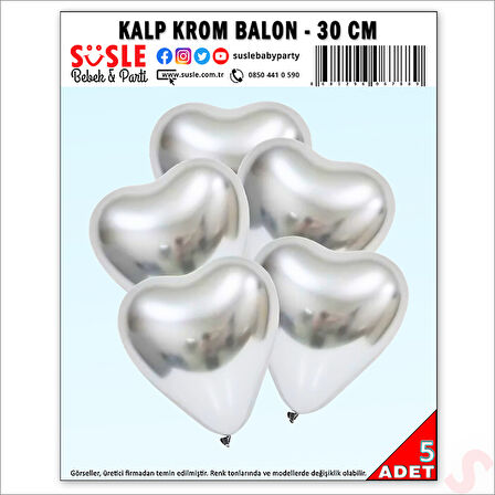 Krom Kalp Balon, Gümüş - 30cm x 5 Adet