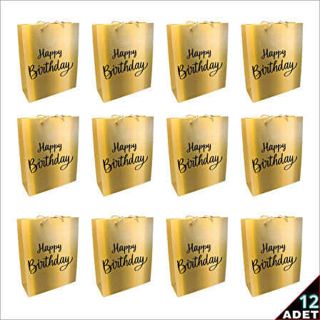 Happy Birthday Altın Karton Çanta, 32 x 26 x 10 cm - 12 Adet