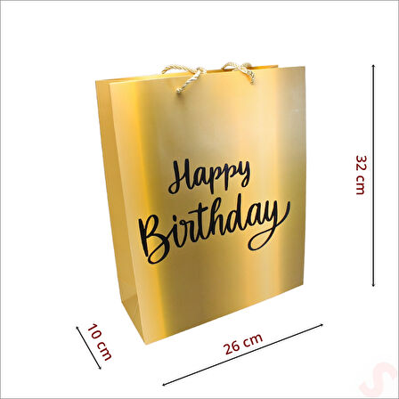 Happy Birthday Altın Karton Çanta, 32 x 26 x 10 cm - 12 Adet