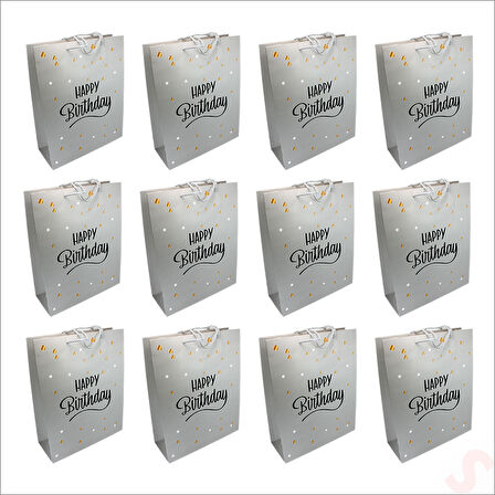 Happy Birthday Gümüş Karton Çanta, 32 x 26 x 10 cm - 12 Adet