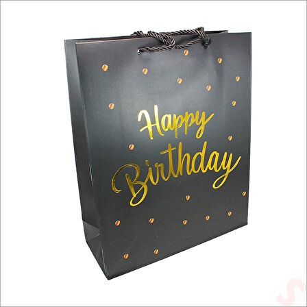 Happy Birthday Siyah Karton Çanta, 32 x 26 x 10 cm - 12 Adet