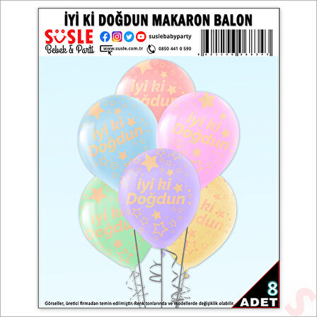 İyi ki Doğdun Çok Renkli Makaron Balon, 30cm x 8 Adet
