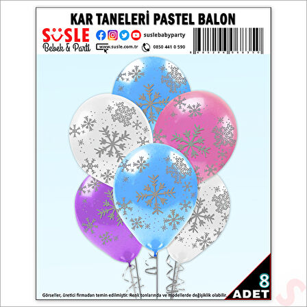 Kar Taneleri Baskılı Pastel Balon, 30cm x 8 Adet