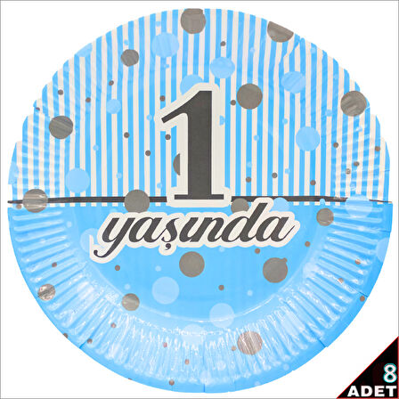 1 Yaşında Karton Tabak, 23cm x 8 Adet - Mavi