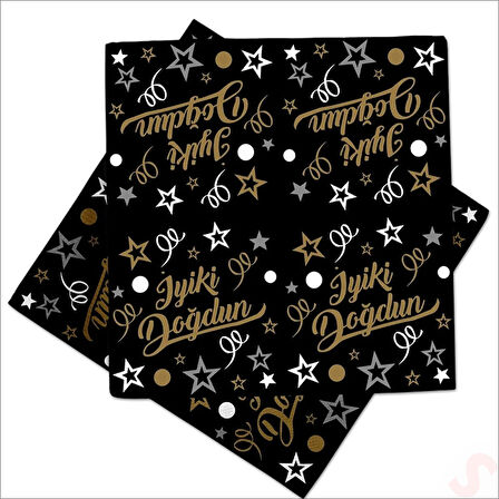 İyiki Doğdun Siyah & Altın Peçete, 33cm x 33cm - 20 Adet