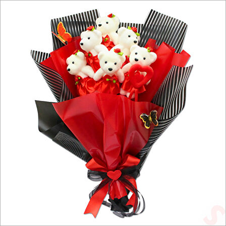 6 Ayıcıklı Buket, 55cm x 35cm - Kırmızı