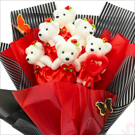 6 Ayıcıklı Buket, 55cm x 35cm - Kırmızı