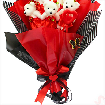 6 Ayıcıklı Buket, 55cm x 35cm - Kırmızı