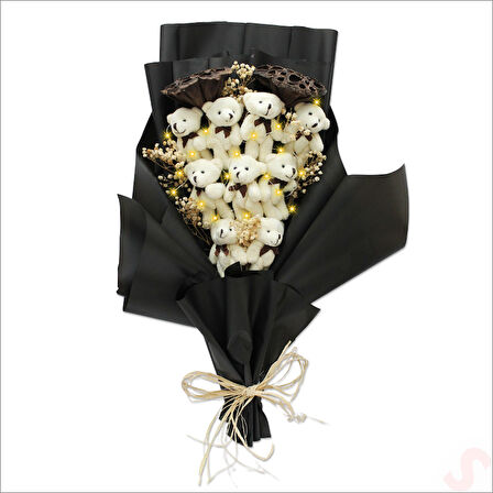 9 Pelüş Ayıcıklı, Kuru Çiçekli ve Led Işıklı Buket, 54x36cm