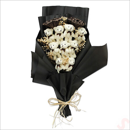 9 Pelüş Ayıcıklı, Kuru Çiçekli ve Led Işıklı Buket, 54x36cm