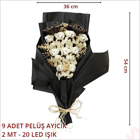 9 Pelüş Ayıcıklı, Kuru Çiçekli ve Led Işıklı Buket, 54x36cm