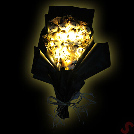9 Pelüş Ayıcıklı, Kuru Çiçekli ve Led Işıklı Buket, 54x36cm