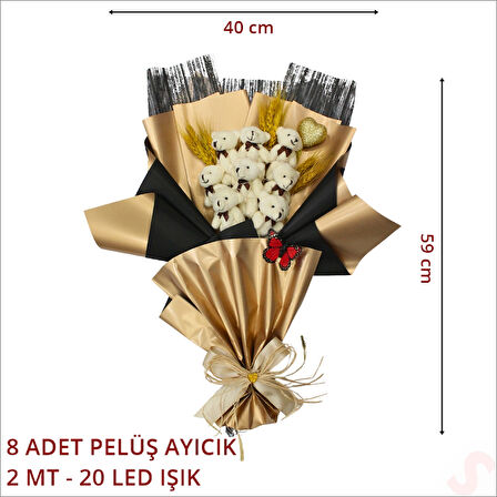 8 Pelüş Ayıcıklı, Kuru Çiçekli ve Led Işıklı Buket, 59x40cm