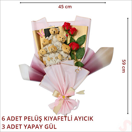 6 Pelüş Ayıcıklı ve 3 Yapay Güllü Buket, 59cm x 45cm