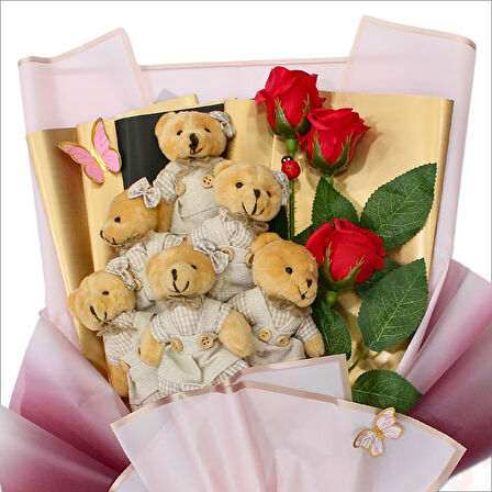 6 Pelüş Ayıcıklı ve 3 Yapay Güllü Buket, 59cm x 45cm