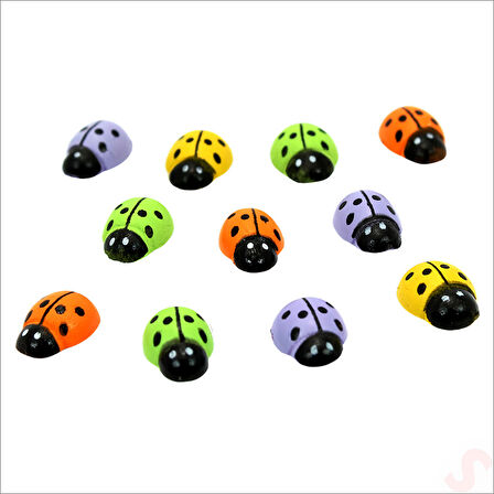 Uğur Böceği Ahşap Sticker, 1,5cm x 1,2cm  x 15 Adet - Çok Renkli
