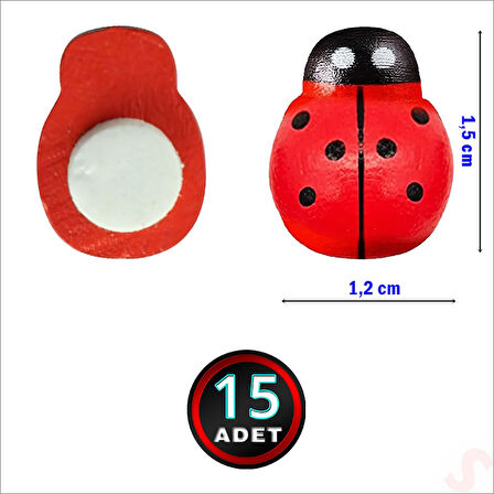 Uğur Böceği Ahşap Sticker, 1,5cm x 1,2cm  x 15 Adet - Kırmızı
