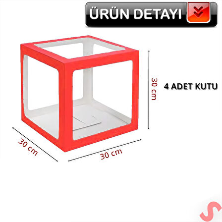Şeffaf Balon Kutusu, 30cm x 4 Adetli Set - Kırmızı