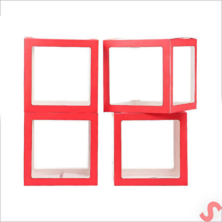 Şeffaf Balon Kutusu, 30cm x 4 Adetli Set - Kırmızı