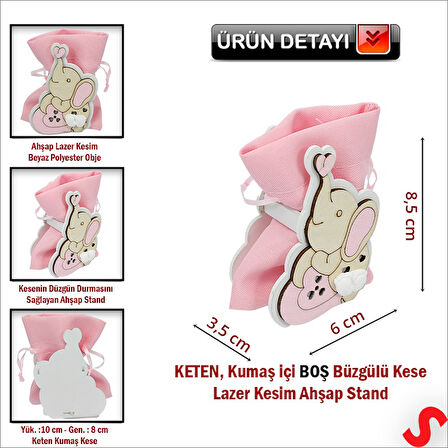 Ahşap Standlı 10cm x 8cm KESE, Fil Pembe - 1 Adet