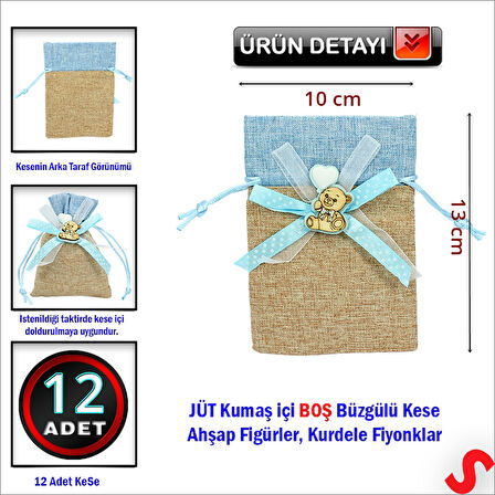 Bebek Temalı Jüt Kese 10cm x 13cm - Mavi x 12 Adet