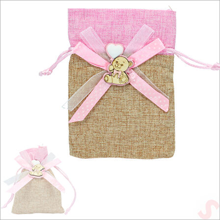 Bebek Temalı Jüt Kese 10cm x 13cm - Pembe x 12 Adet